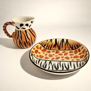 Hand-Painted Animal Print Ceramic Bowl and Pitcher Set